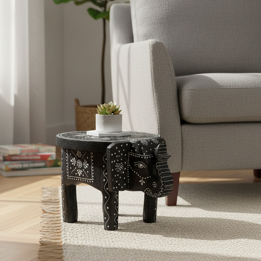 Black Elephant Wooden Stool
Hand-Painted Traditional Indian Elephant Design
Solid Wooden Artisan Craftsmanship
Handcrafted Indian Home Decor Accent
Mini Altar Stand and Candle Holder
Boho and Spiritual Room Decoration
Uphar Handicrafts