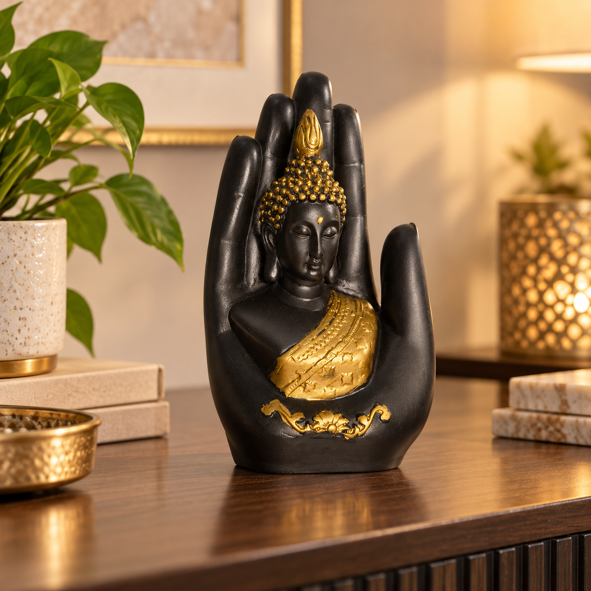 Black and gold Buddha hand statue in polyresin
Seated Buddha figure resting on an open palm
Gold-tone detailing on the robe and hair
Decorative lotus border around the base
Handcrafted figurine with a matte black finish
Spiritual accent for shelves and meditation spaces
Uphar Handicrafts