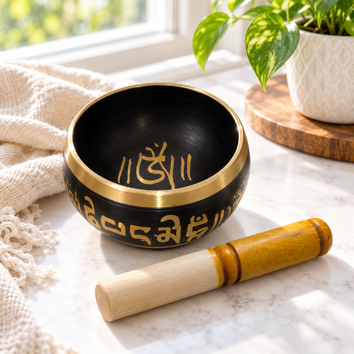Black Tibetan singing bowl for festive gifting by Uphar Handicrafts
Traditional metal bowl with decorative Tibetan-style script
Painted finish featuring gold-tone lettering and rim
Wooden striker included with the five-inch singing bowl
Spiritual gift idea for Diwali and Buddha Purnima
Handcrafted meditation accessory for yoga and relaxation
Uphar Handicrafts