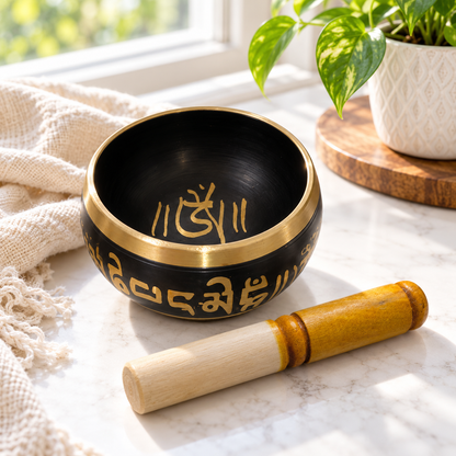 Black Tibetan singing bowl for festive gifting by Uphar Handicrafts
Traditional metal bowl with decorative Tibetan-style script
Painted finish featuring gold-tone lettering and rim
Wooden striker included with the five-inch singing bowl
Spiritual gift idea for Diwali and Buddha Purnima
Handcrafted meditation accessory for yoga and relaxation
Uphar Handicrafts