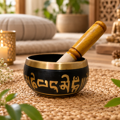Black Tibetan singing bowl for puja space decor by Uphar Handicrafts
Traditional round metal bowl with Tibetan-style script
Painted finish with gold-tone lettering and polished rim
Wooden mallet included with the handcrafted bowl
Five-inch spiritual accent for a home prayer space
Decorative meditation bowl for traditional interiors
Uphar Handicrafts