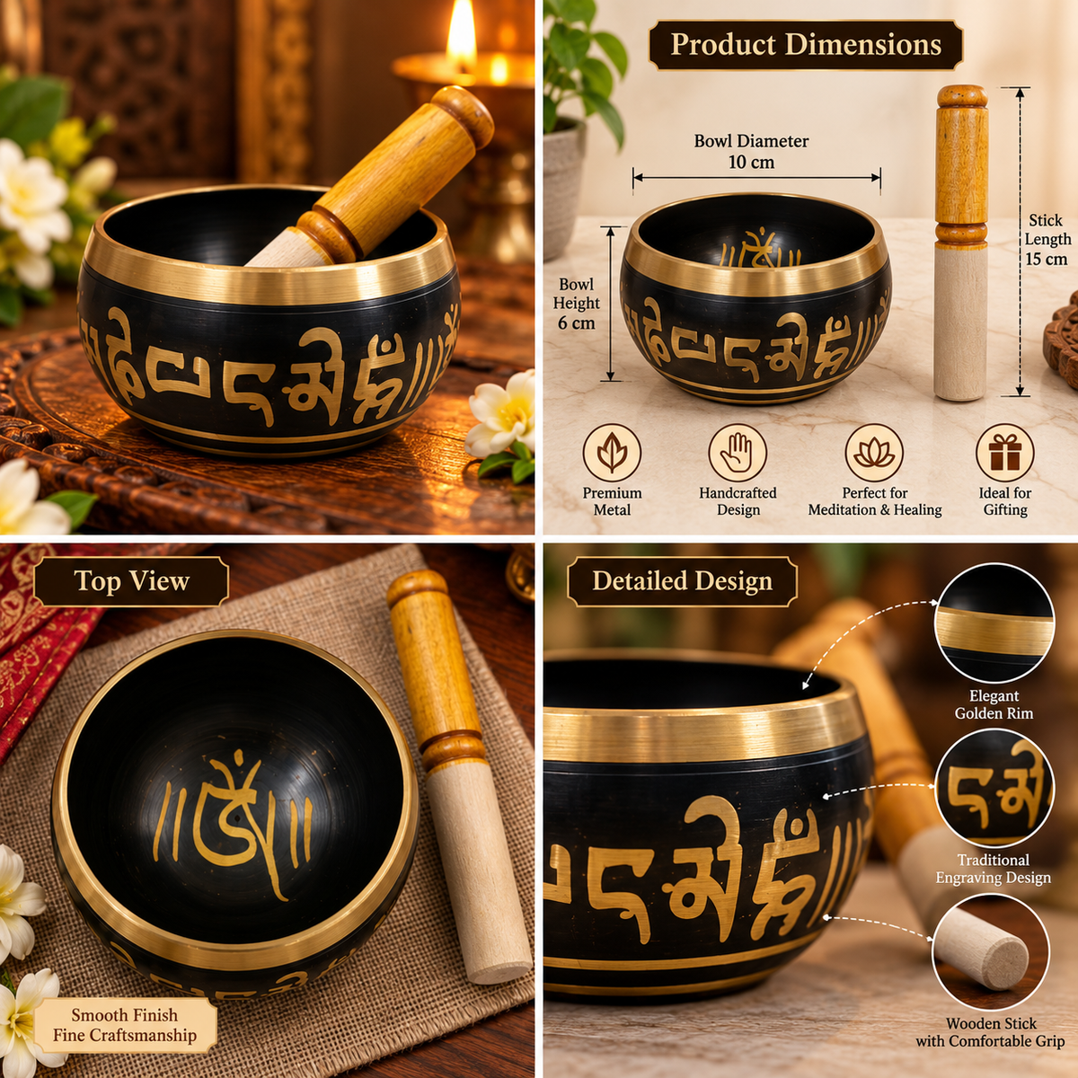 Black Tibetan singing bowl gift set by Uphar Handicrafts
Metal meditation bowl paired with a wooden mallet
Traditional Tibetan-inspired design with gold lettering
Painted exterior and polished gold-tone rim
Handcrafted spiritual gift for birthdays and housewarmings
Five-inch bowl for wellness gifting and festive occasions
Uphar Handicrafts