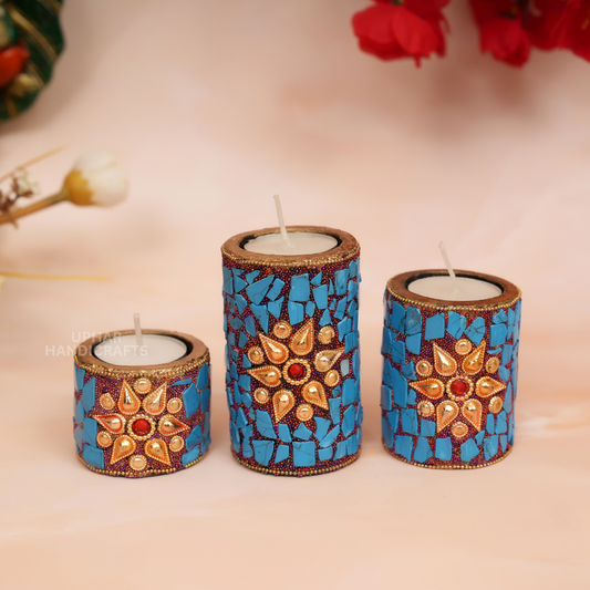 Blue and Gold Mosaic Tealight Holders
Handcrafted Tea Light Candle Holder Set
Decorative Mosaic Home Accent
Three Size Candle Holder Trio
Diwali Wedding and Festival Decor
Housewarming and Holiday Gift
Uphar Handicrafts