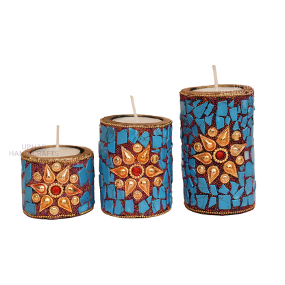 Blue Gold Tealight Candle Decor
Handcrafted Mosaic Candle Holders
Three Height Tealight Holder Set
Elegant Table and Home Decoration
Festival Christmas and Diwali Decor
Wedding and Housewarming Gift
Uphar Handicrafts