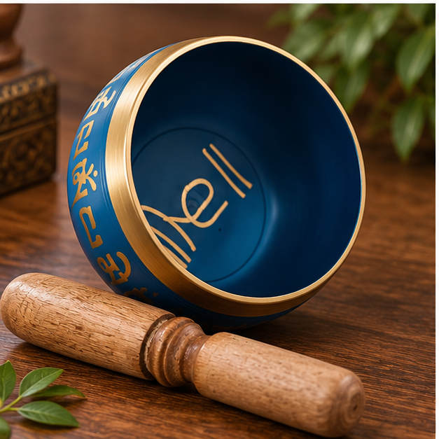 Blue Tibetan singing bowl with wooden mallet by Uphar Handicrafts
Black painted metal bowl with gold-tone lettering
Round spiritual bowl featuring a polished gold-tone rim
Tibetan-style script adds traditional decorative detail
Hand-finished singing bowl for meditation and relaxation
Five-inch black bowl for a desk or puja space
Uphar Handicrafts