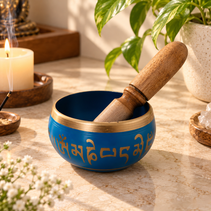 Close-up of Tibetan singing bowl with gold-tone rim by Uphar Handicrafts
Polished gold-tone rim on a traditional metal bowl
Decorative gold lettering on the painted bowl exterior
Tibetan-style script featured on the handcrafted surface
Hand-finished details on a five-inch singing bowl
Traditional spiritual accessory for meditation and yoga
Uphar Handicrafts