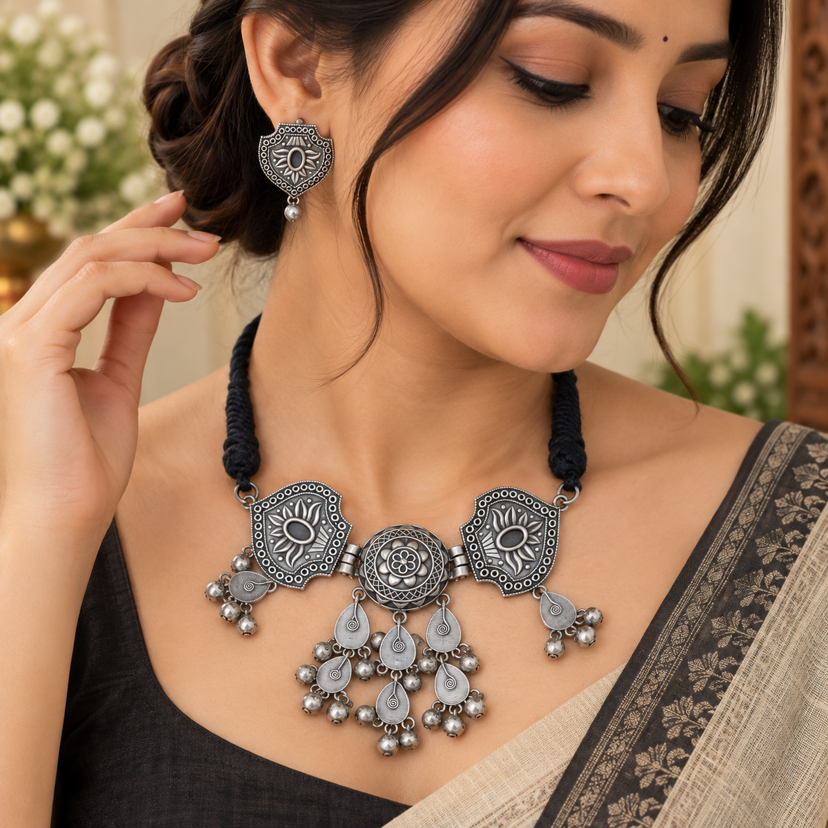 Boho oxidized necklace and matching earrings
Traditional Indian-inspired jewelry with antique look
Oxidized silver-tone metal alloy necklace
Decorative stone and bead accents
Adjustable black thread tie-back for necklace fitting
Handcrafted jewelry for festive and casual styling
Uphar Handicrafts