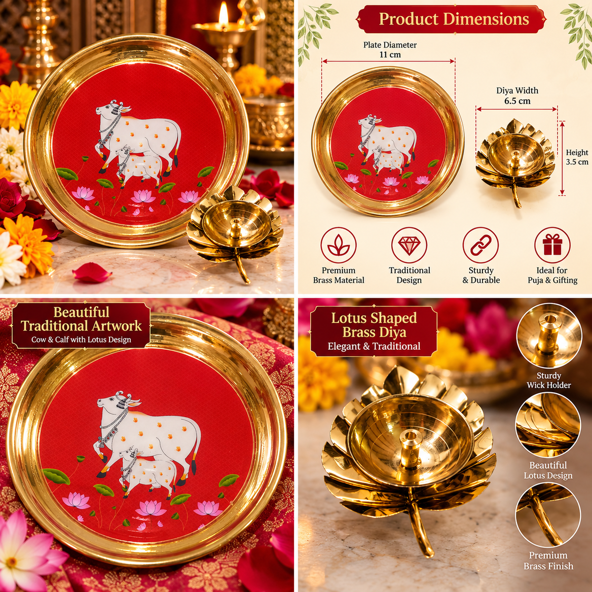 Brass cow-themed puja thali with lotus diya
Round plate featuring traditional painted artwork
Decorative brass diya shaped like an open lotus
Indian-inspired accessories for a home mandir
Suitable for puja rituals and flower offerings
Display on a puja shelf when not in use
Uphar Handicrafts