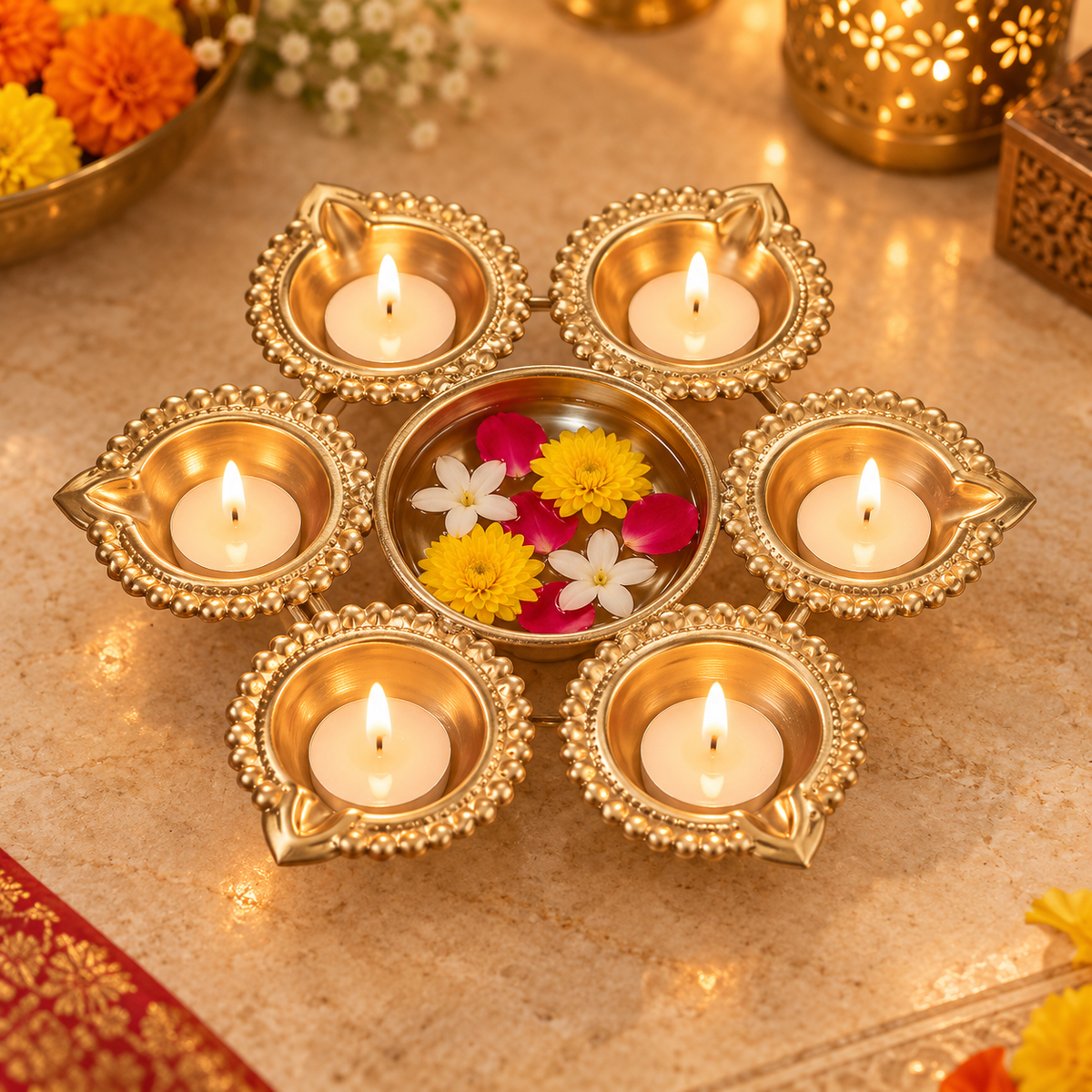 Brass flower diya holder
Handcrafted gold tone metal design
Six diya shaped cups around center bowl
Textured scalloped edge detailing
Traditional Indian Diwali decor
Uphar Handicrafts
