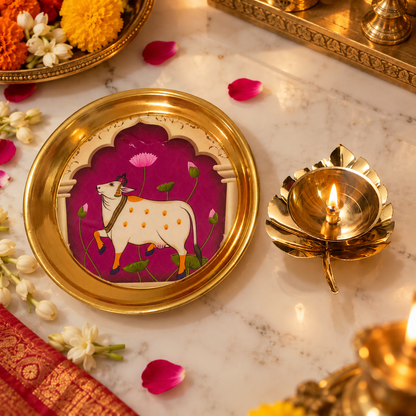 Brass puja plate with lotus-shaped diya set
Round plate with hand-painted Pichwai-style artwork
Decorative cow and floral motifs on the plate
Open lotus diya paired with a matching brass plate
Traditional Indian puja and aarti accessories
Set includes one plate and one lotus diya
Uphar Handicrafts