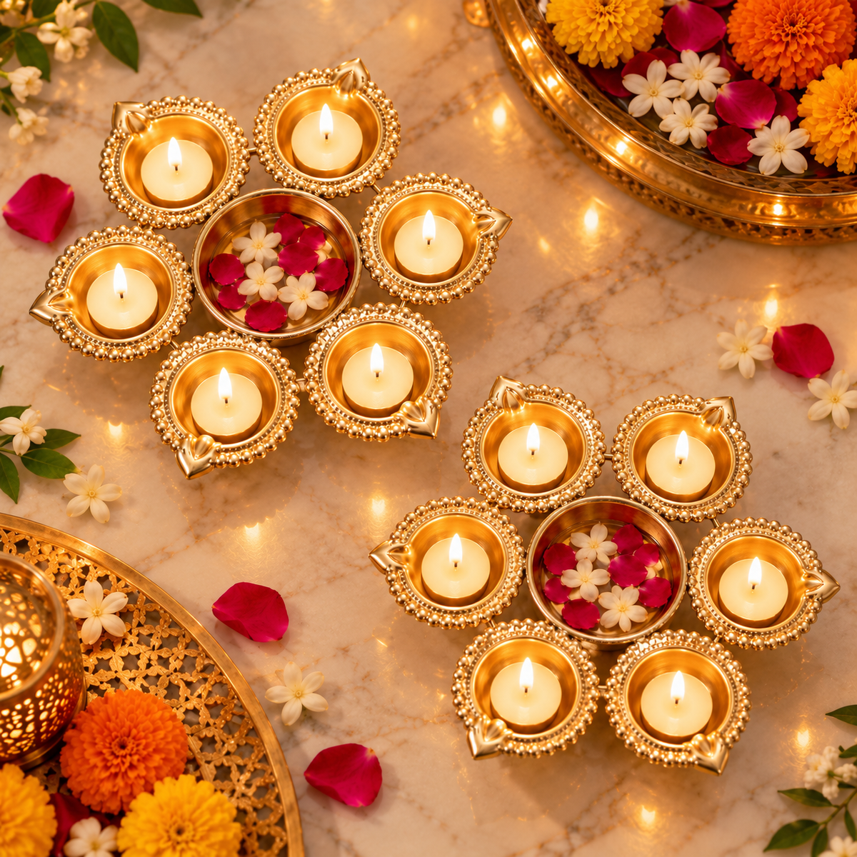 Brass Urli diya tealight decor
Flower shaped candle holder design
Six diya cups around center bowl
Traditional Indian festive decoration
Handcrafted brass tabletop decor
Uphar Handicrafts