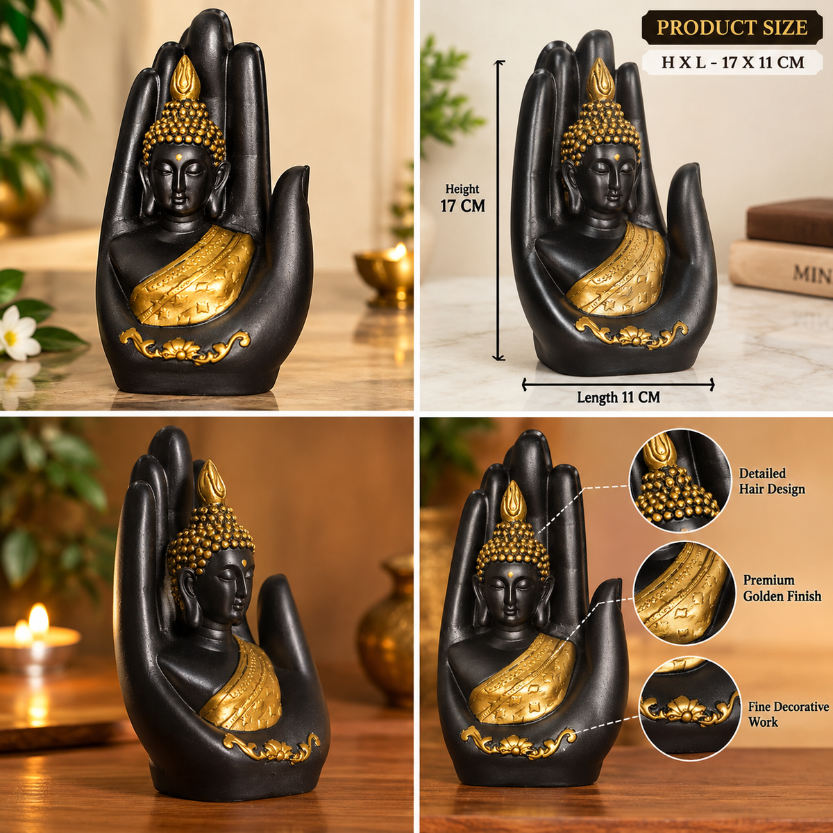 Buddha hand statue for meditation-inspired interiors
Seated Buddha figure with gold-tone robe details
Black polyresin figurine with an open palm design
Decorative hair and lotus border detailing
Accent piece for meditation and yoga spaces
Thoughtful spiritual decor gift for special occasions
Uphar Handicrafts