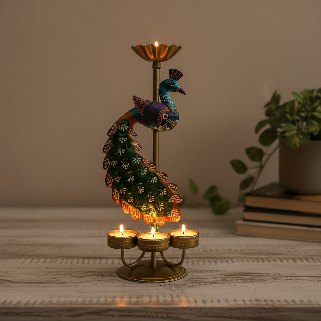 Decorative Brass Item
Candle Holder
Handpainted Peacock Candle Holder
Beautiful Peacock Design
Uphar Handicraft