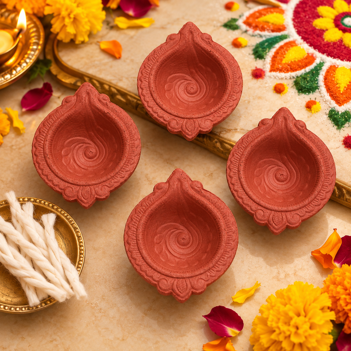 Clay diya set with cotton wicks
Set of four handmade clay diyas
Natural terracotta diya set
Traditional Indian festive decor
Diwali and Dhanteras diya set
Uphar Handicrafts
