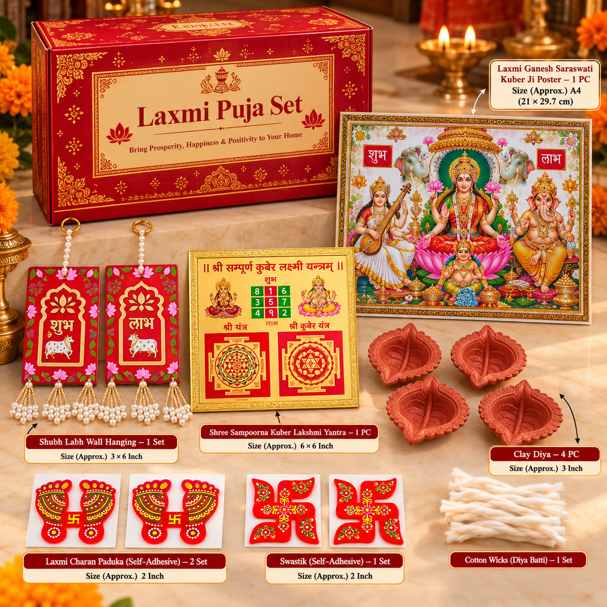 Clay diyas for Diwali puja
Traditional Indian Diwali decoration
Four clay diyas in puja set
Diya batti and cotton wicks
Festive Indian lighting accessories
Uphar Handicrafts