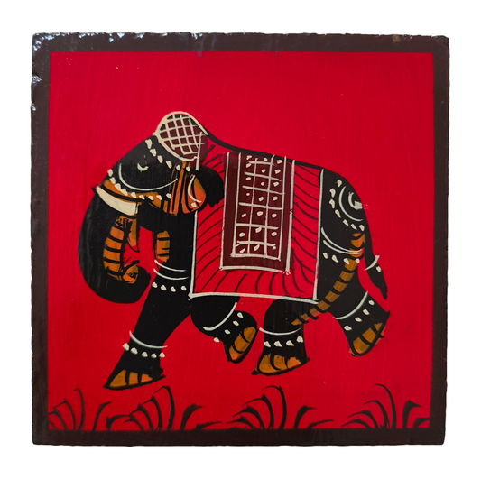 Hand-Painted Wooden Tea Coaster with Elephant Design