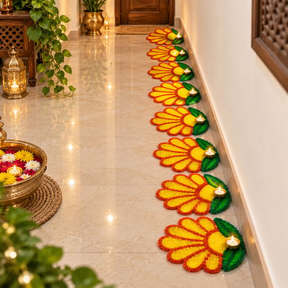 Colorful decorative rangoli mat set for festive décor
Traditional Indian patterns for Diwali celebrations
Reusable floor mats for home decoration
Suitable for pooja areas and entrances
Available as sets of 4 and 8
Uphar Handicrafts