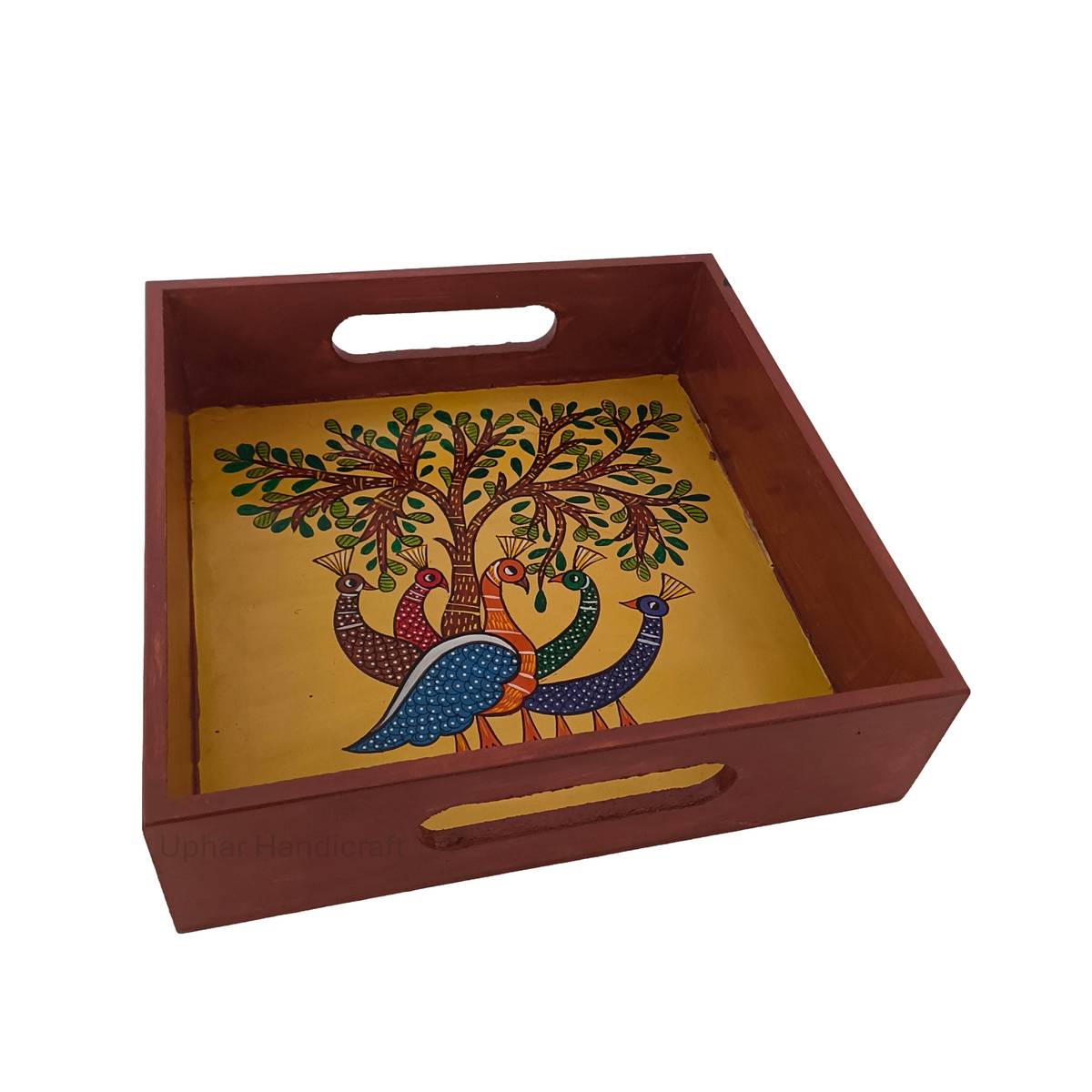 Wooden Peacock Snack Serving Tray
Handcrafted Indian Folk Art Design
Vibrant Peacock and Tree Pattern
Solid Natural Wood Tray
Compact 8x8 Inch Serving Size
Kitchen Dining and Coffee Table Decor
Uphar Handicrafts