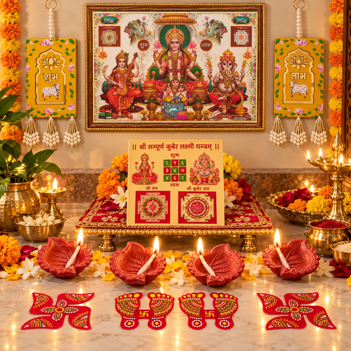 Complete Diwali puja and decor set
Traditional Indian festive gift set
Laxmi Ganesh Sarasvati Kuber decor
Clay diyas and cotton wicks
Shubh Labh wall hanging and stickers
Uphar Handicrafts