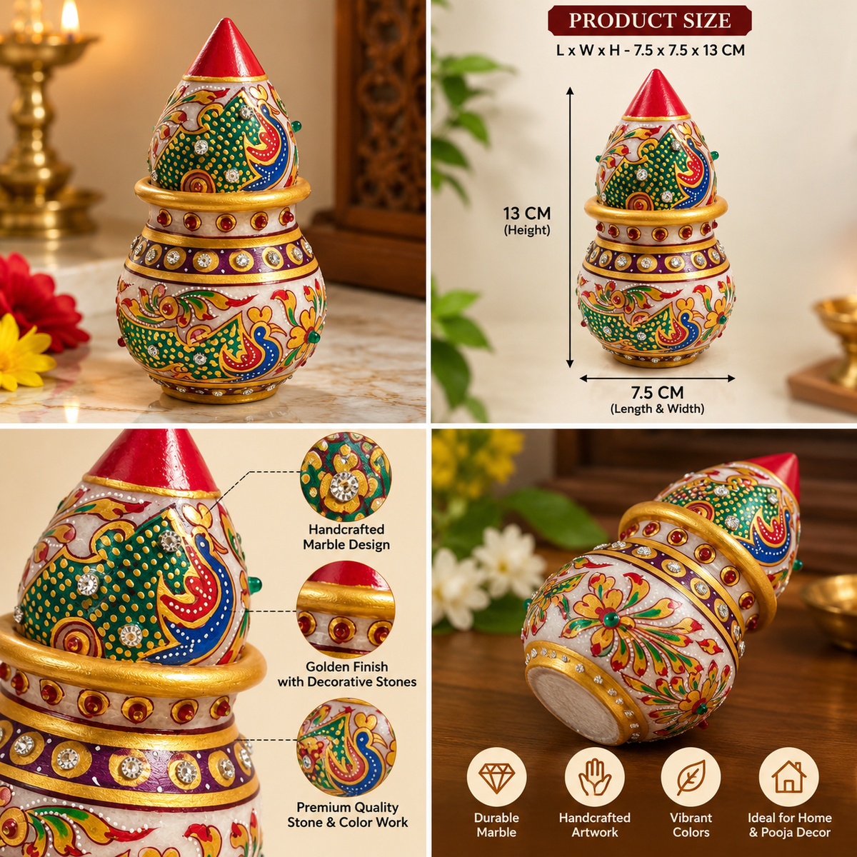 Decorative white marble Kalash for a home temple
Hand-painted peacock or floral artwork
Polished marble with gold-tone detailing
Decorative stones accent the traditional shape
Coconut top completes the ornamental design
Suitable for entrance decor and console displays
Uphar Handicrafts