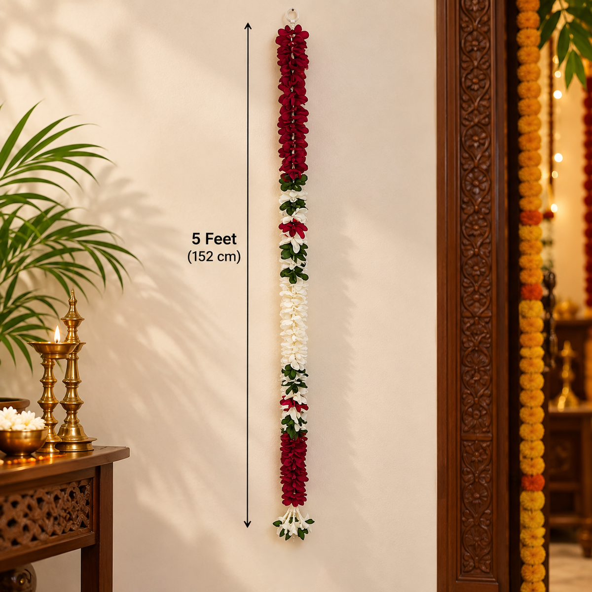 Artificial flower garland for Dhanteras
Fabric flower hanging strings
Leaf detailing and tassel accents
Handcrafted festive flower decoration
Five-foot length per garland
Traditional Indian-inspired home decor
Uphar Handicrafts
