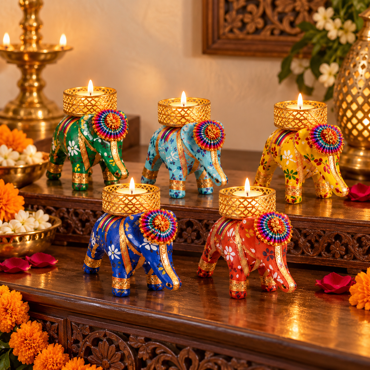 Diwali elephant tealight candle holder
Set of ten traditional candle holders
Hand-painted floral elephant design
Gold tone metal tealight cup
Festive Indian home decoration
Uphar Handicrafts