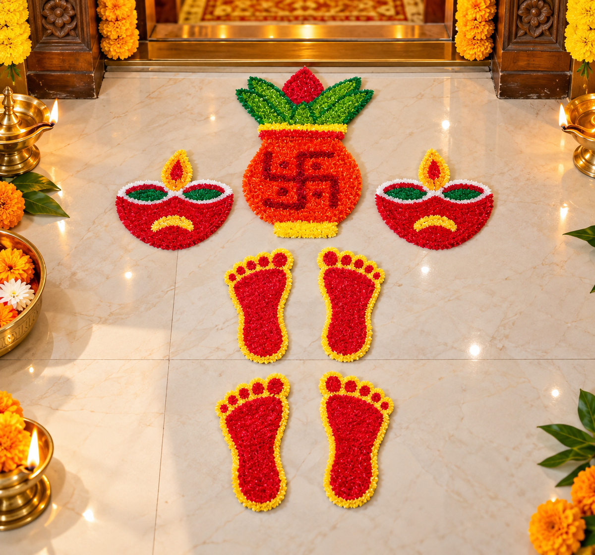 Diwali fabric rangoli mats
Pack of seven traditional mats
Red orange yellow and green colors
Indian festive doorway decoration
Traditional rangoli floor decor
Uphar Handicrafts