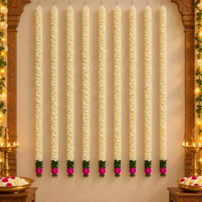 Diwali artificial flower garland
White fabric flowers with green leaves
Pink lotus bud detailing
Traditional Indian festive decor
Hanging string for Diwali decoration
Uphar Handicrafts