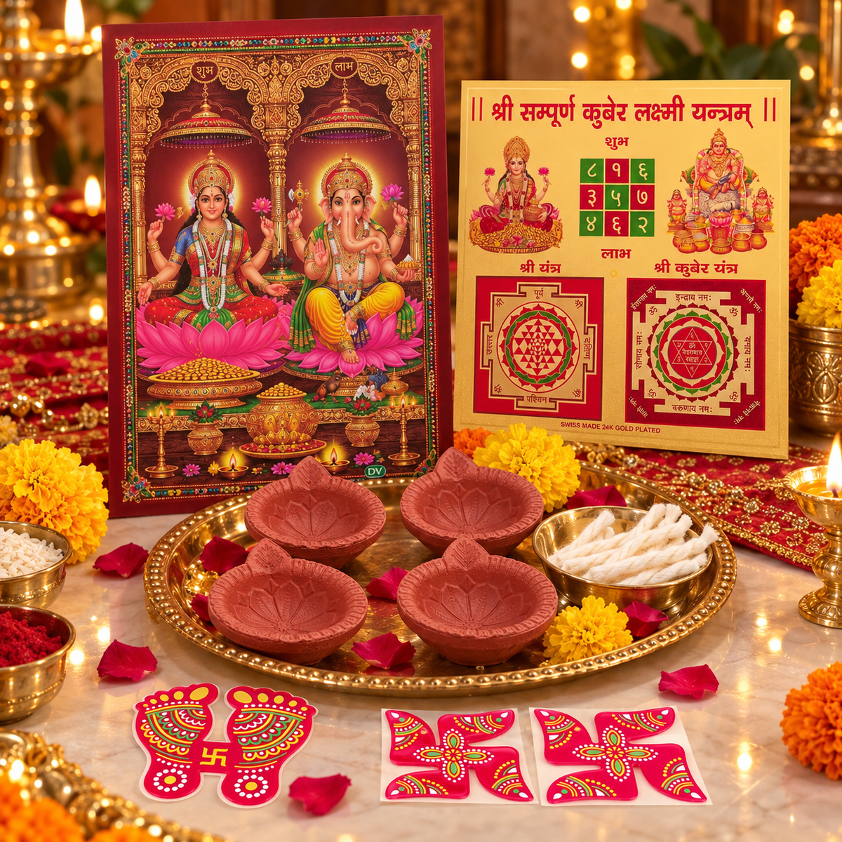 Diwali Laxmi Ganesh puja set
Traditional festive Indian decor
Laxmi Ganesh Sarasvati Kuber poster
Shree Sam Poorna Kuber Laxmi Yantra
Clay diyas and cotton diya wicks
Uphar Handicrafts