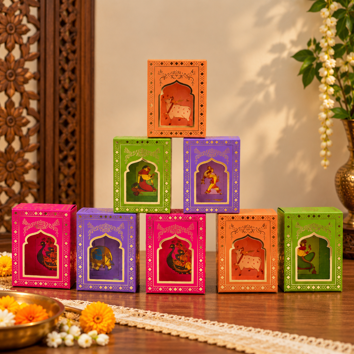 Diwali paper Jharokha wall decor
Traditional Indian festive decoration
Eight arched Jharokha window frames
Hand-painted folk art detailing
Gold accents and cut-out borders
Uphar Handicrafts