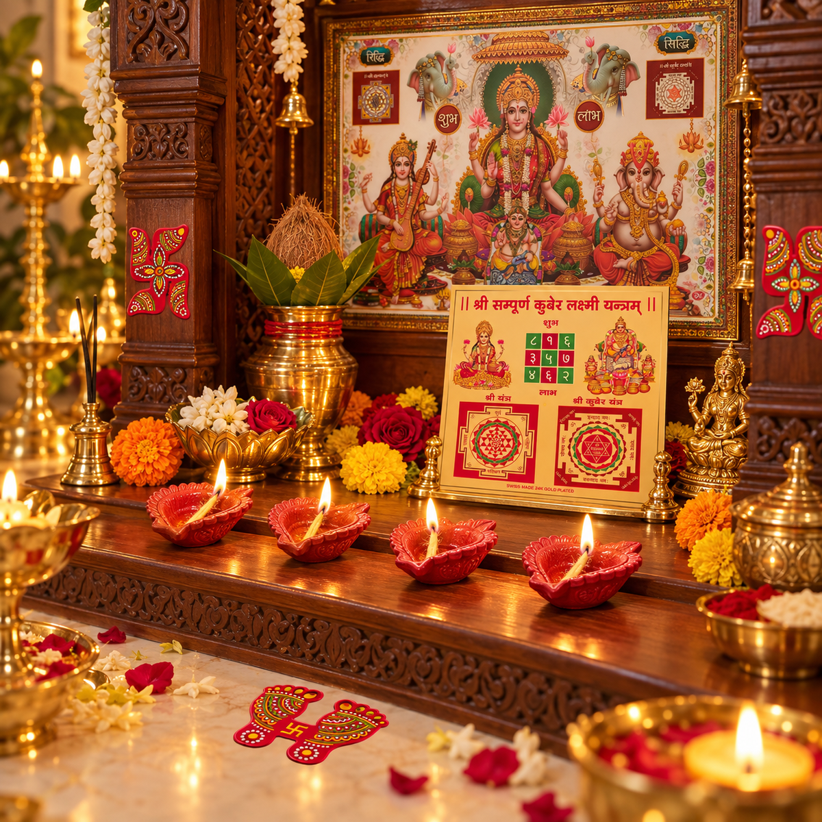 Diwali puja decoration kit
Traditional Indian Diwali decor
Laxmi Ganesh Sarasvati Kuber Ji poster
Kuber Laxmi Yantra and clay diyas
Festive puja accessories for Diwali
Uphar Handicrafts