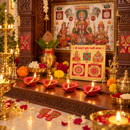 Diwali puja decoration kit
Traditional Indian Diwali decor
Laxmi Ganesh Sarasvati Kuber Ji poster
Kuber Laxmi Yantra and clay diyas
Festive puja accessories for Diwali
Uphar Handicrafts