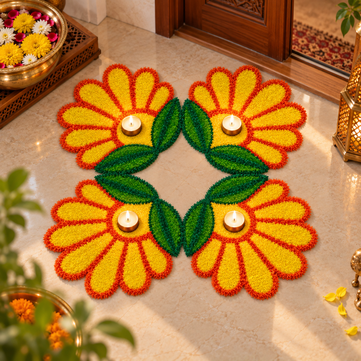 Diwali rangoli decoration mats with colorful patterns
Reusable festive mats for Indian home décor
Suitable for entrances and floor decoration
Traditional rangoli-inspired festive design
Ideal for Diwali and Indian festivals
Uphar Handicrafts