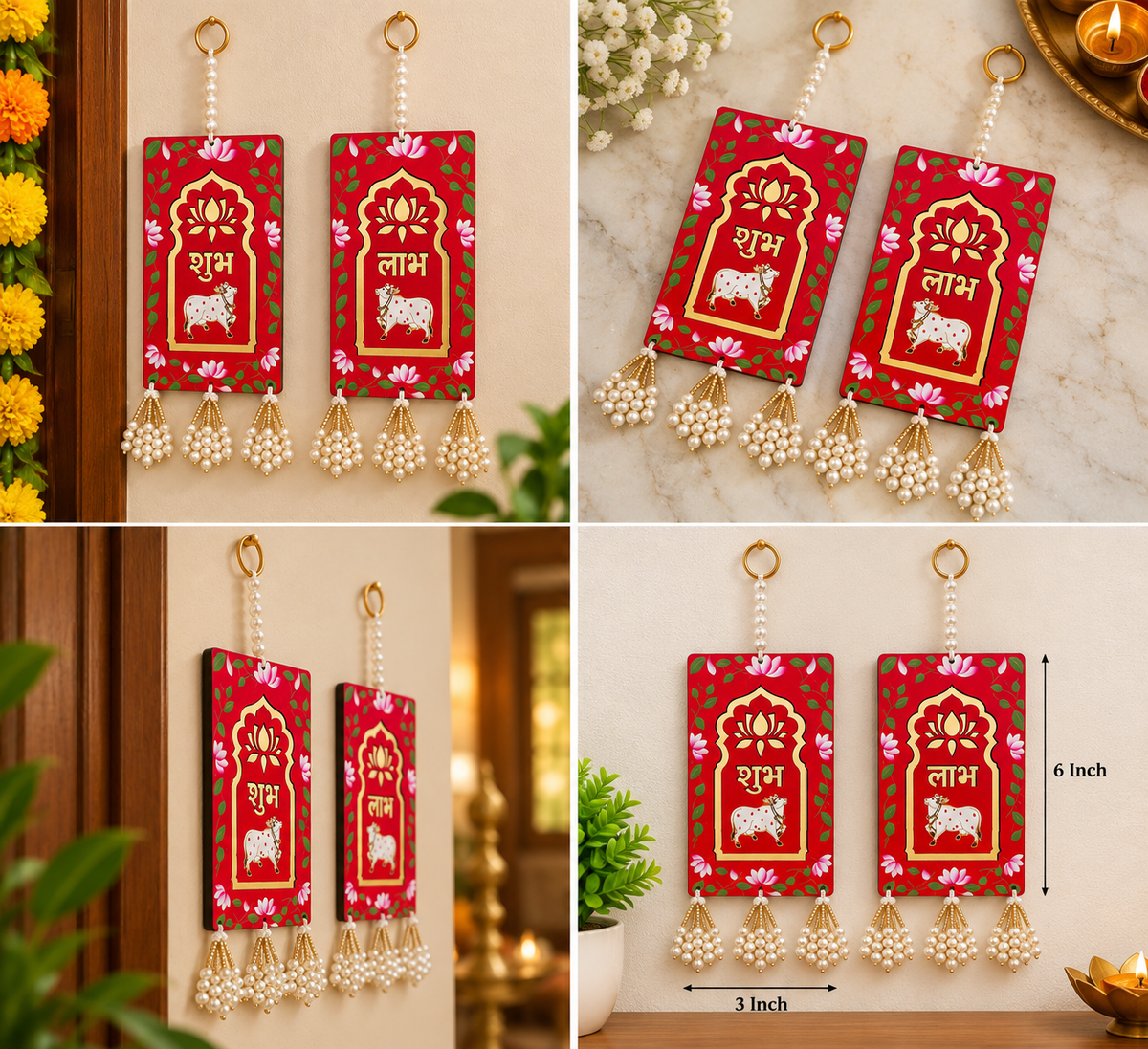 Diwali Shubh Labh wall decor
Traditional Indian Diwali decoration
Handcrafted Shubh and Labh hangings
Floral border and bead tassels
Festive wall hanging set of two
Uphar Handicrafts
