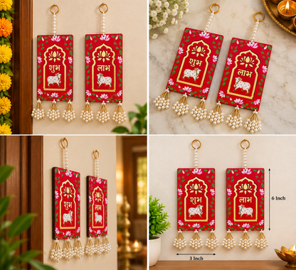 Diwali Shubh Labh wall decor
Traditional Indian Diwali decoration
Handcrafted Shubh and Labh hangings
Floral border and bead tassels
Festive wall hanging set of two
Uphar Handicrafts