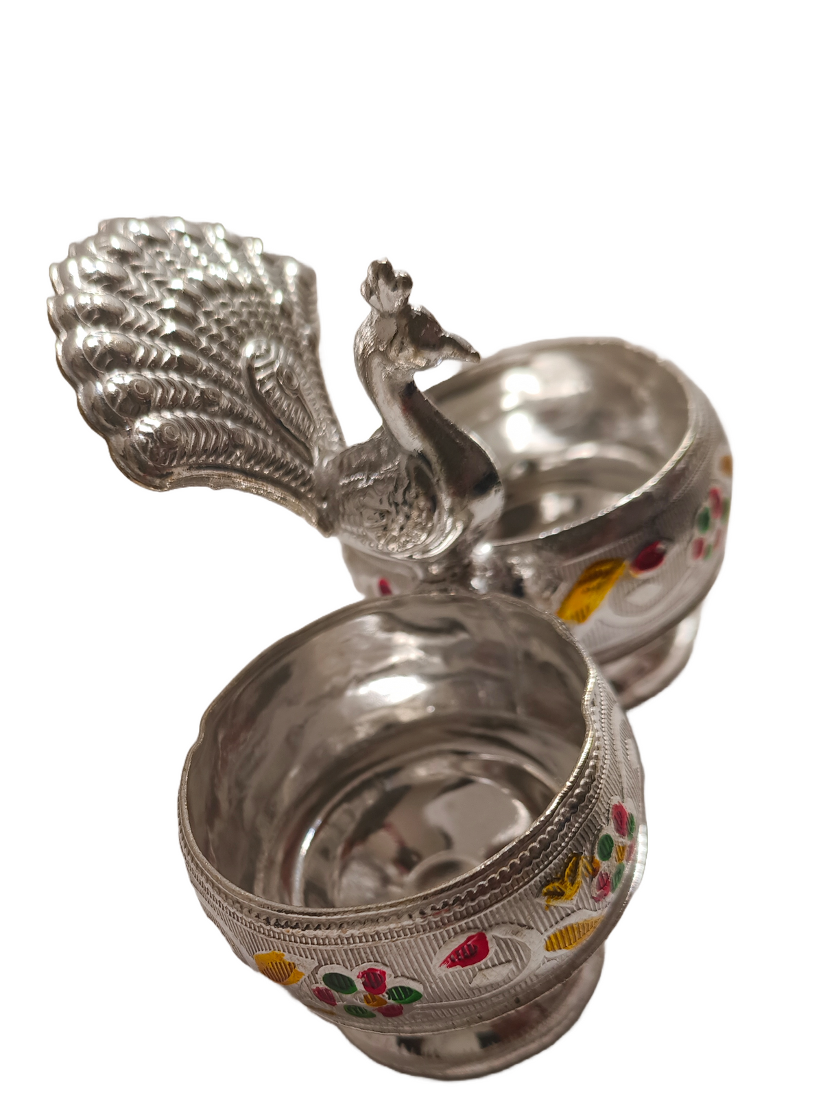 Dual Bowl Peacock Puja Holder
Metal Kumkum and Akshat Rice Holder
Traditional Indian Peacock Craft
Colorful Enamel Floral Detailing
Compact Religious Ritual Accessory
Diwali Navratri and Wedding Gift
Uphar Handicrafts