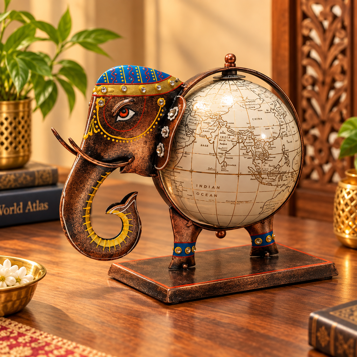 Multicolor handcrafted elephant globe metal showpiece
Traditional Rajasthani and Indian decorative artwork
Elephant carrying globe design for tabletop display
Suitable for living rooms, offices and shelves
Uphar Handicrafts