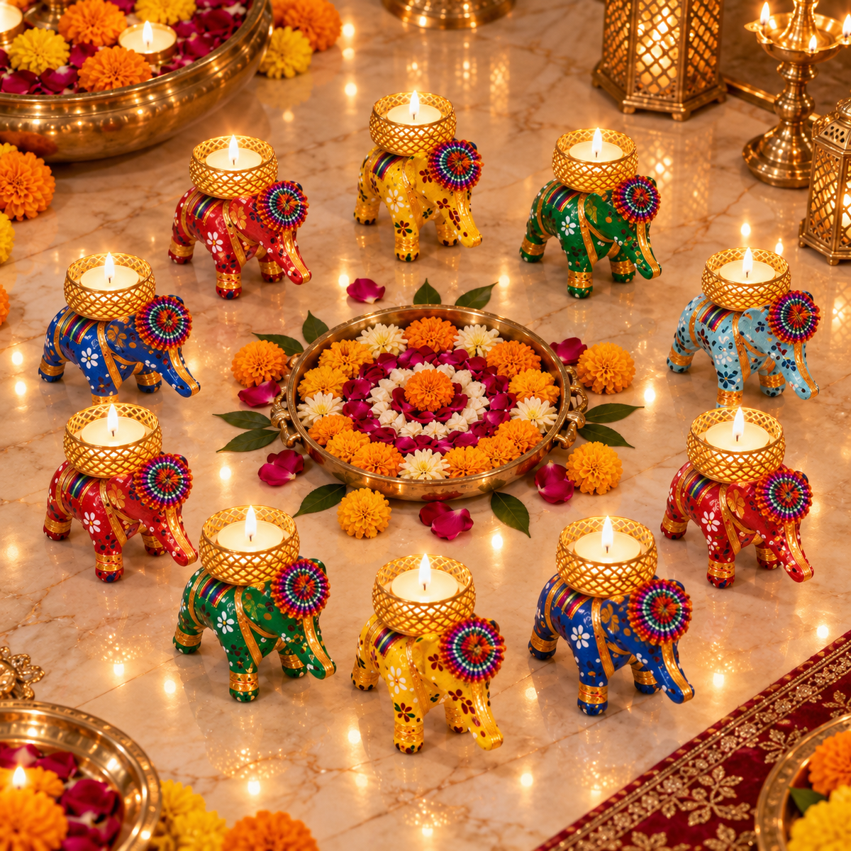 Elephant tealight candle holder set
Set of ten handcrafted elephant holders
Fabric covered frame with gold tone metal cup
Hand-painted floral pattern
Traditional Indian festive candle decor
Uphar Handicrafts