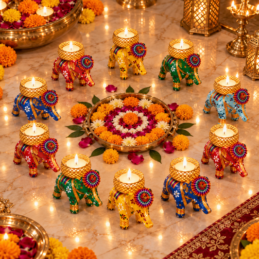 Elephant tealight candle holder set
Set of ten handcrafted elephant holders
Fabric covered frame with gold tone metal cup
Hand-painted floral pattern
Traditional Indian festive candle decor
Uphar Handicrafts
