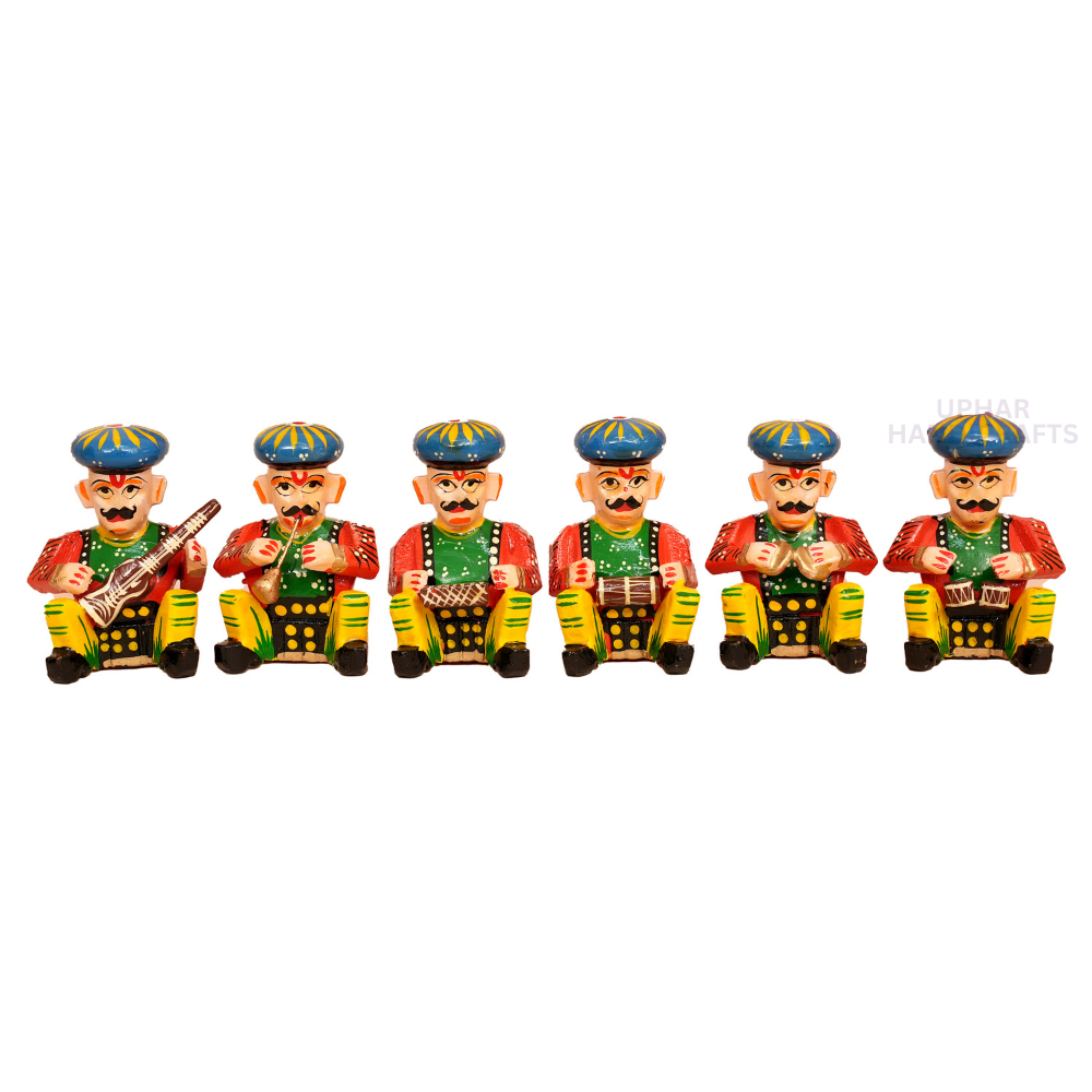 Ethnic Musical Figurines Set
Hand-Painted Wooden Musician Decor
Six Colorful Indian Musician Figures
Traditional Guitar Flute and Drum Players
Home Office and Music Room Decoration
Cultural Handmade Art Gift
Uphar Handicrafts