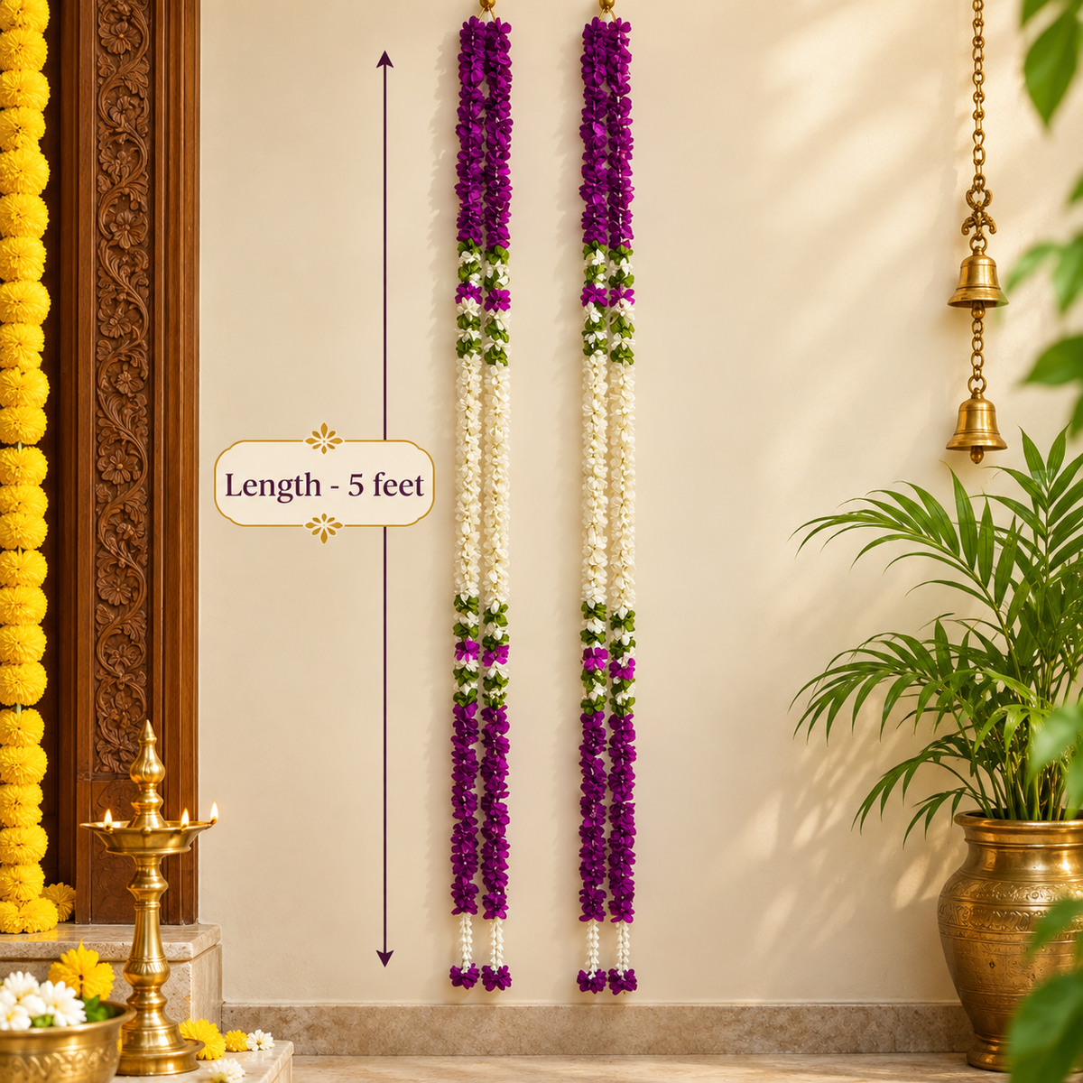 Fabric flower garland with leaf detailing
Hand-finished artificial flower hanging
Bead and metal tassel accents
Five-foot garland for festive decoration
Traditional Indian-inspired design
Handcrafted hanging flower decor
Uphar Handicrafts
