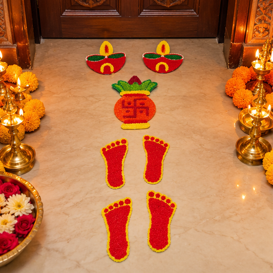 Pack of seven traditional fabric rangoli mats by Uphar Handicrafts
Festive floor decoration set featuring colorful Indian-inspired motifs
Set includes one Kalash with Swastik, two Diyas and four Laxmi Charan Paduka
Red, orange, yellow and green fabric rangoli decorations
Traditional festive mats for Diwali and other Indian celebrations
Decorative set for doorways, entrances and puja rooms
Uphar Handicrafts