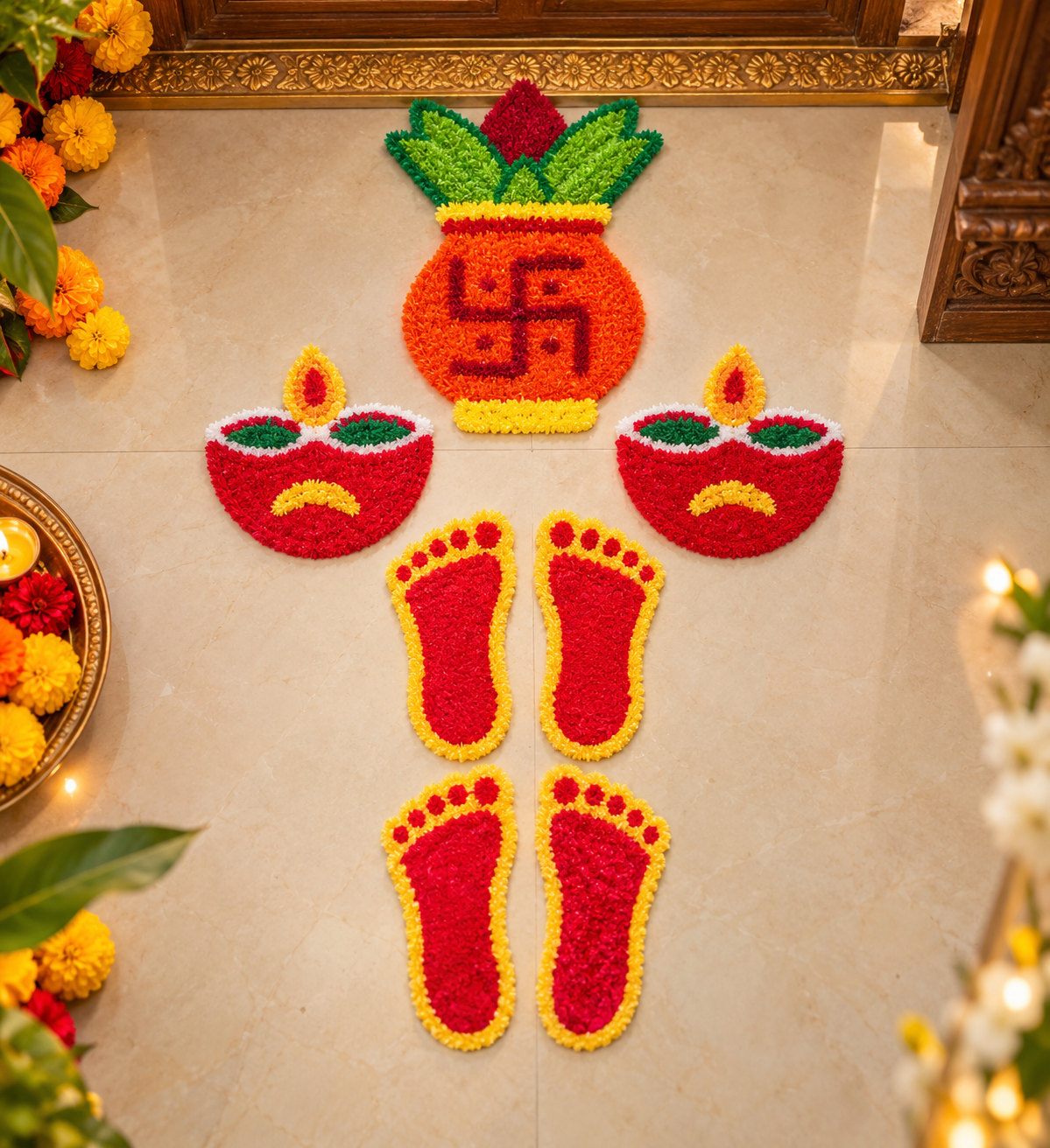 Fabric rangoli mats set of seven
Traditional Indian festive floor decor
Kalash and Swastik rangoli mat
Diya and Laxmi Charan motifs
Diwali and Navratri decoration
Uphar Handicrafts
