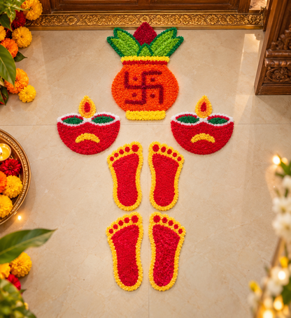 Fabric rangoli mats set of seven
Traditional Indian festive floor decor
Kalash and Swastik rangoli mat
Diya and Laxmi Charan motifs
Diwali and Navratri decoration
Uphar Handicrafts