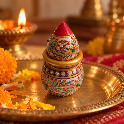Floral design white marble Kalash with coconut top
Hand-painted flowers decorate the polished surface
Gold-tone detailing outlines the traditional artwork
Decorative stones add detail to the Kalash
Handcrafted Indian-inspired festive ornament
Suitable for puja shelves and entrance displays
Uphar Handicrafts