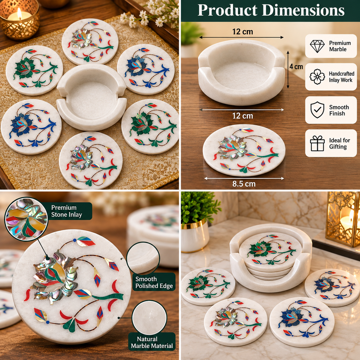 Floral marble coasters for home decor
Set of 6 round coasters with holder
White marble with hand-inlaid floral motifs
Decorative vine pattern design
Traditional Mughal-inspired craftsmanship
Suitable for coffee tables and dining areas
Uphar Handicrafts