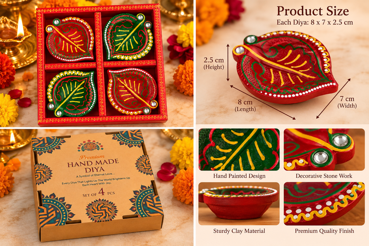 Close-up of floral hand painting on handmade clay diyas
Green and red painted diyas with traditional designs
Decorative stone work on clay diya surfaces
Handcrafted diyas with detailed floral patterns
Traditional Indian diya decoration for festive occasions
Hand-painted clay diyas for gifting and pooja
Uphar Handicrafts