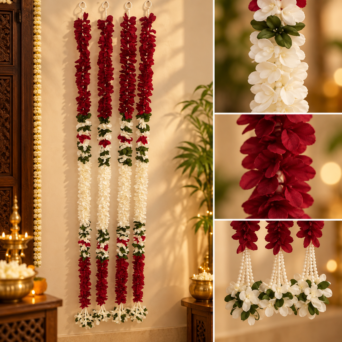 Artificial flower garland for baby shower
Fabric flowers with leaf detailing
Hand-finished hanging flower strings
Decorative bead or metal tassels
Five-foot festive garland
Suitable for walls and photo backdrops
Uphar Handicrafts