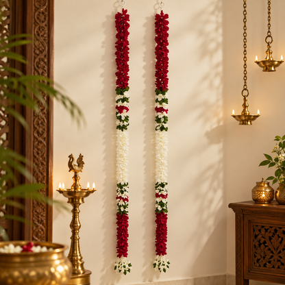 Artificial flower garland for housewarming
Fabric flowers with leaf detailing
Handcrafted hanging flower decoration
Bead or metal tassel detailing
Suitable for doorways and walls
Traditional Indian-inspired festive decor
Uphar Handicrafts
