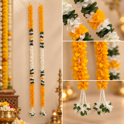 Artificial flower garland for mandir decor
Fabric flowers with leaf detailing
Bead or metal tassel accents
Hand-finished hanging decoration
Five-foot garland for walls and windows
Traditional Indian-inspired puja decor
Uphar Handicrafts